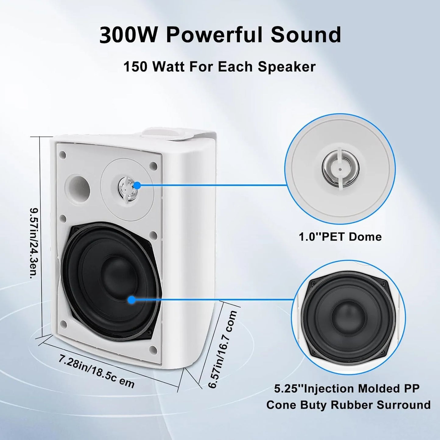 Herdio 2PCS 5.25'' 300W Indoor Outdoor Bluetooth Speakers Waterproof Wired Wall Mount Active Speakers For Patio Garage Deck Home