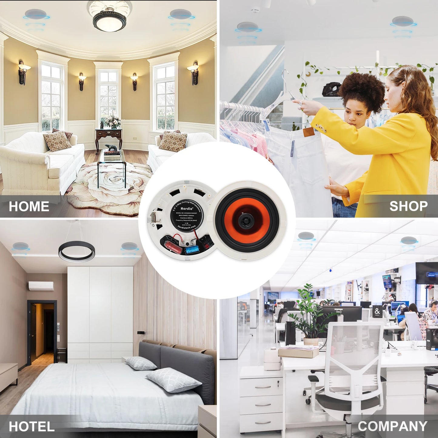 Herdio 6.5 Inch Home Audio 300W Ceiling Bluetooth Speaker Home Recessed Speaker System For Indoor Kitchen Bedroom Bathroom