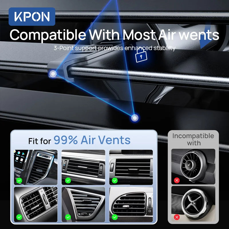 KPON Magnetic Car Phone Holder Wareless Charging Adjustable 360° 15W Air Vent Universal  for iPhone 14 15 16 Smartphone  Stand