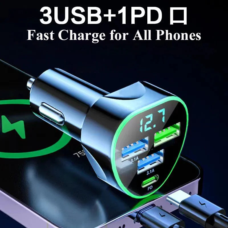 UYUXIO USB C Car Phone Charger Super Fast Charge in Car with LED Voltage Display for iPhone Samsung Huawei Oneplus Android Phone