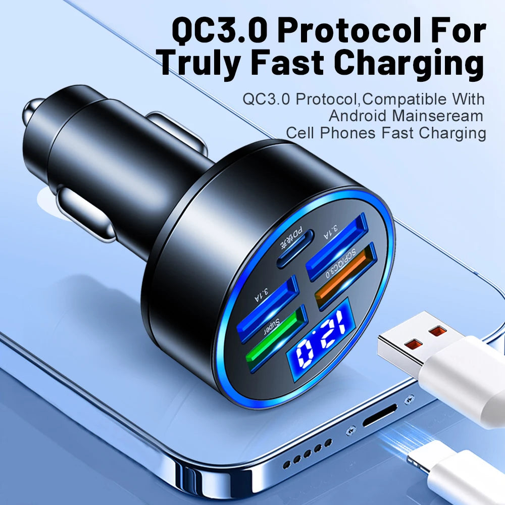 250W PD USB Car Charger Fast Charging Type C USB Phone Adapter in Car For iPhone 13 Pro Xiaomi Huawei Samsung Car Quick Charger