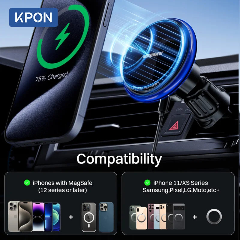 KPON Magnetic Car Phone Holder Wareless Charging Adjustable 360° 15W Air Vent Universal  for iPhone 14 15 16 Smartphone  Stand