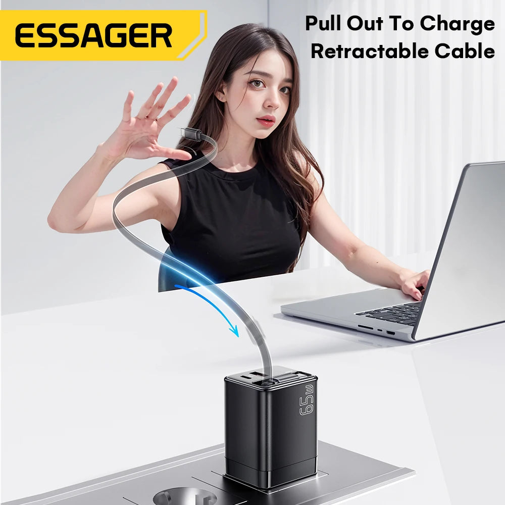 Essager 65W GaN Charger with Retractable Cable PD Fast Charging for Laptop Macbook iPhone 16 15 14 Xiaomi Type-C Phone Charger