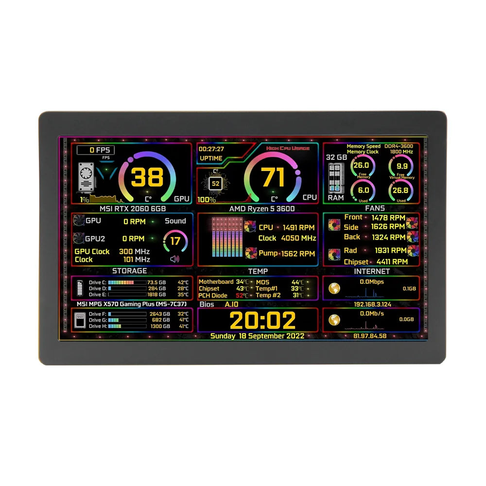 5/7 Inch IPS Type-C Secondary Screen Dynamic 1024x600 LCD Display CPU GPU RAM Monitoring Support Vertical Freely AIDA64