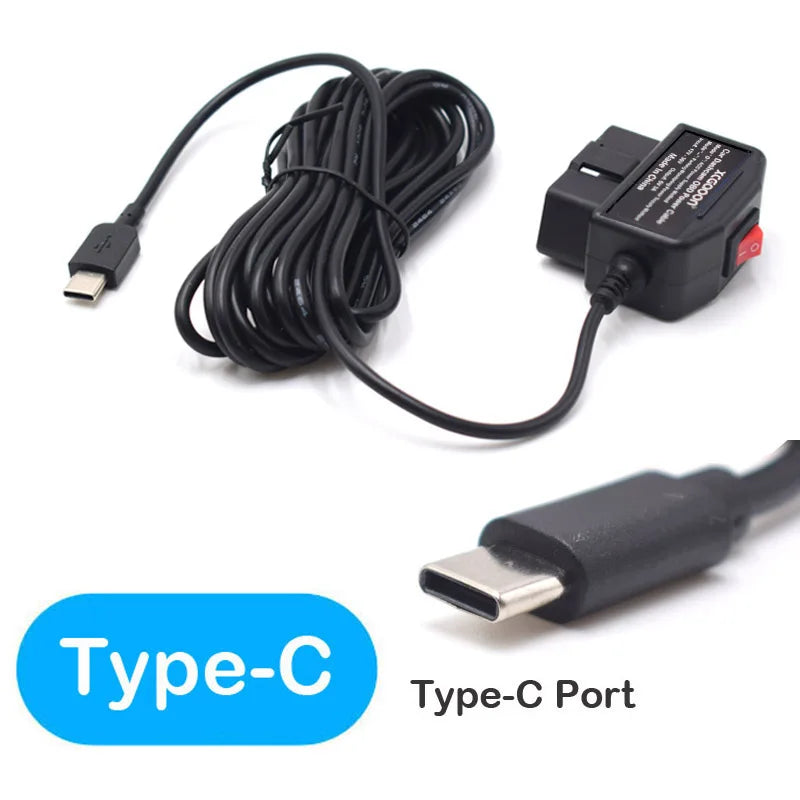 24Hours Mini Mico USB Ports 5V 3A Car Charge Cable OBD Hardwire Cord 3.5Meters With Switch For Dash Cam Camcorder Vehicle DVR