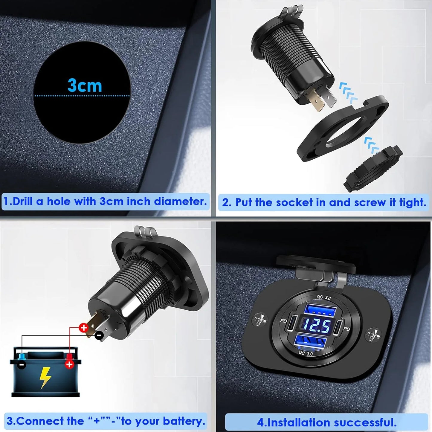 NEW 96W Dual PD Dual QC 3.0 USB Car Charger with Voltmeter Socket Power Outlet Adapter Waterproof for 12V/24V Car Boat Hot Sale