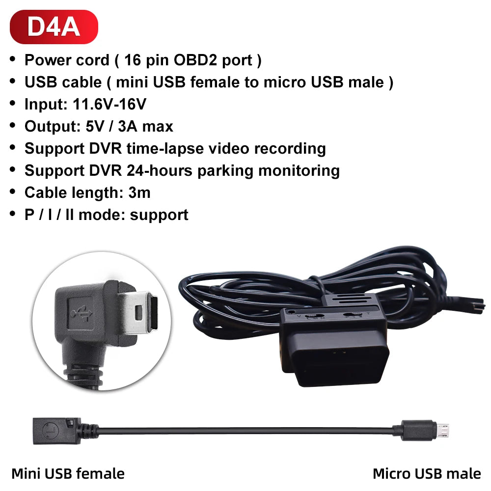 Deelife OBD2 Hardwire Kit OBD2-Mini USB Charging Cable for DVR Dash Cam with Mini USB to Micro USB Adapter Cable