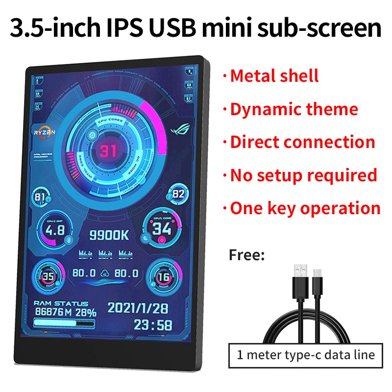 3.5 / 5 / 8.8 Inch IPS Type-C Secondary Screen Mini Computer Secondary Screen CPU GPU RAM HDD Monitor USB Display Freely AIDA64