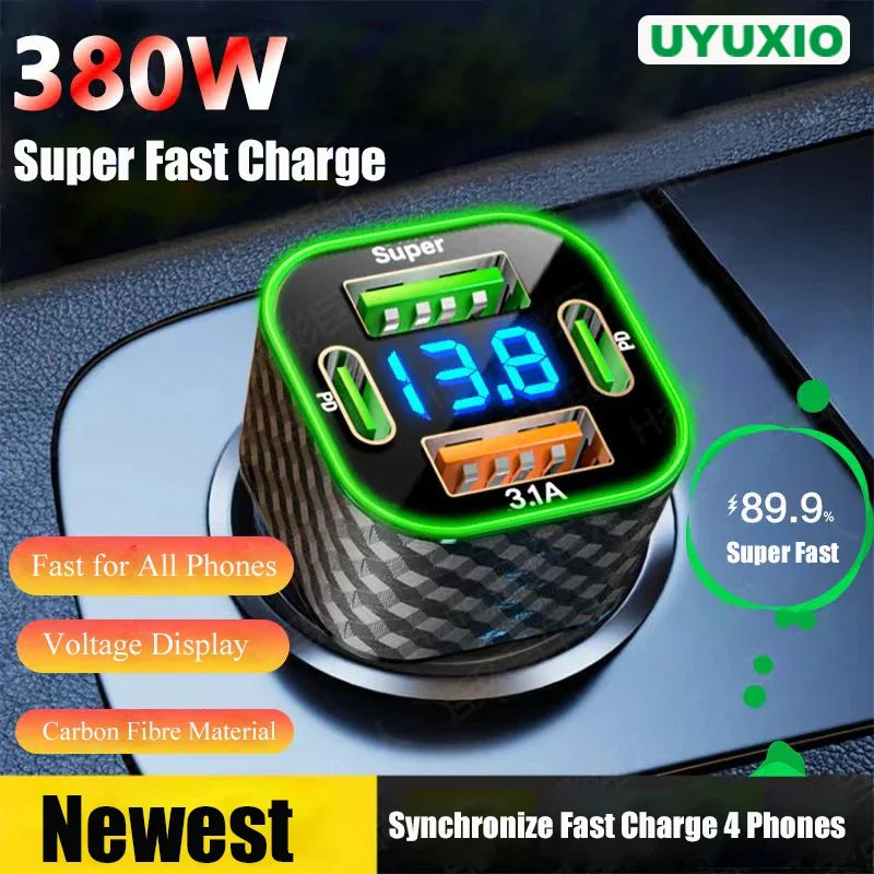 UYUXIO USB C Car Phone Charger Dual PD 4 in 1 with Voltage Display Super Fast Charge Adapter for iPhone Xiaomi Oppo Vivo Samsung