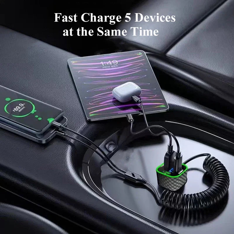 UYUXIO 5 in 1 USB C Car Phone Charger Adapter with Voltage Display Spring Cable Super Fast for iPhone 16 15 Pro Max Samsung