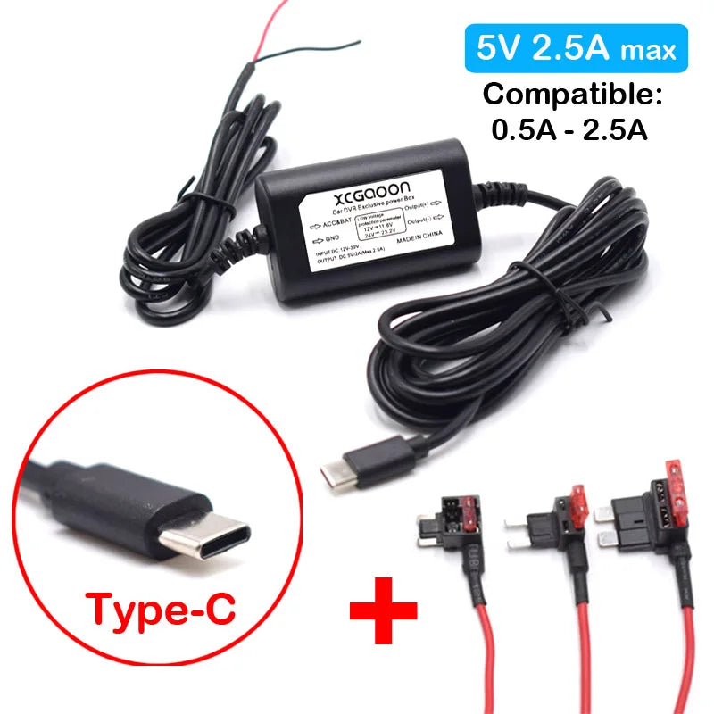 5V 2.5A Mini Micro Type C USB Car Dash Camera Charger Adapter Hard Wire DVR Hardwire Kit for XiaoMi 70Mai YI 360