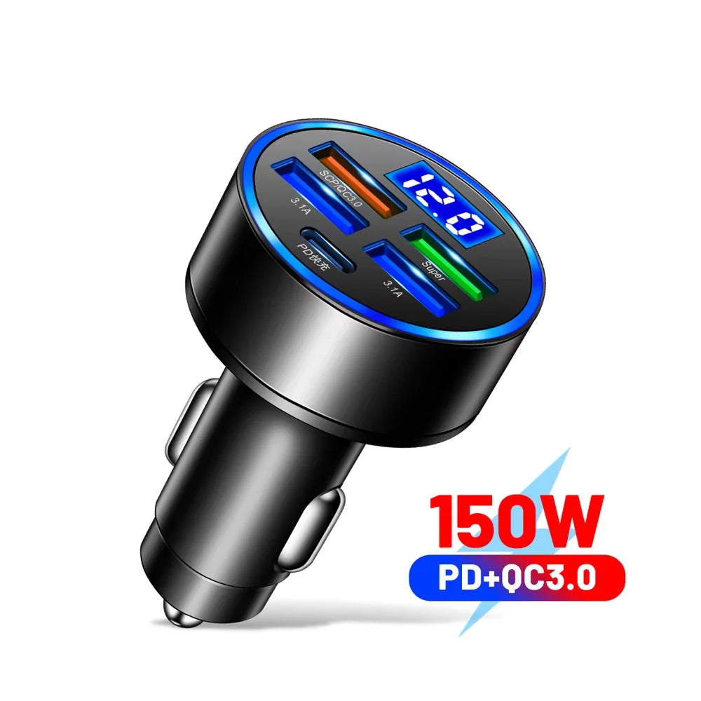 250W PD Car Charger QC3.0 Fast Charge 6-in-1 Car Cigarette Lighter Plug 5 Port Car Charger Flash Charge with Digital Display