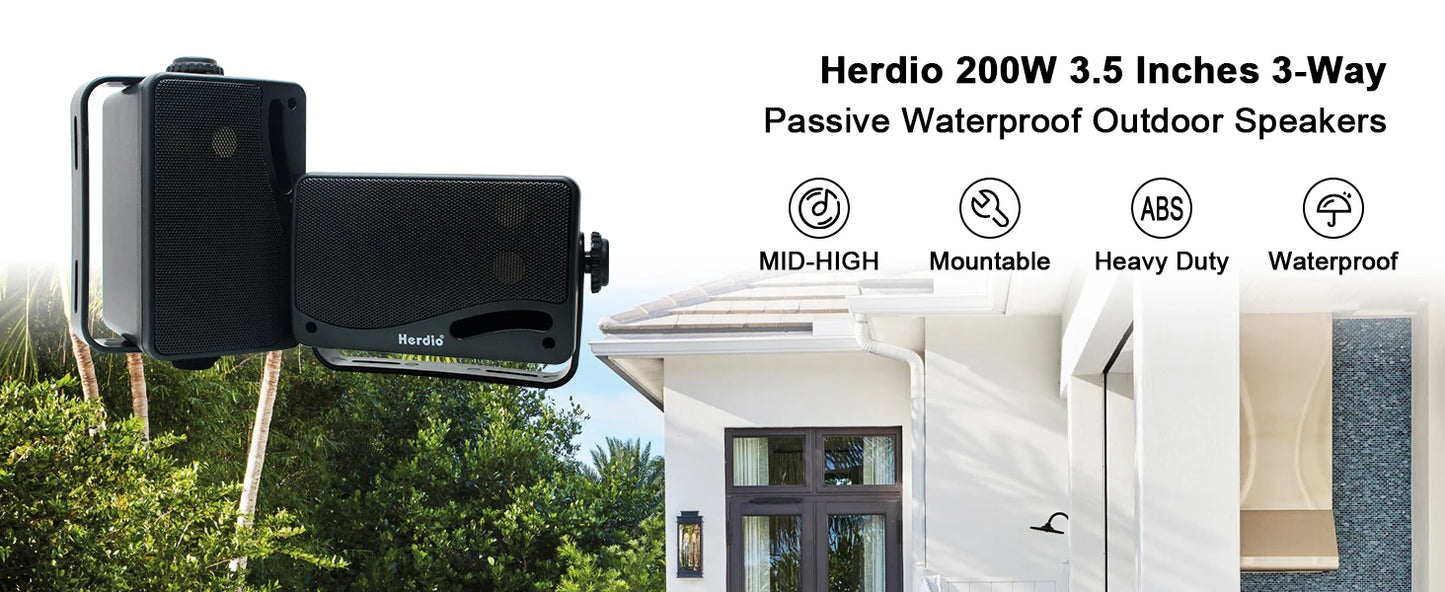 Herdio 3.5'' Passive Outdoor Speakers Wired Waterproof 200W 3 Way Premium Mountable Wall Mount Speakers For Patio Marine Boat