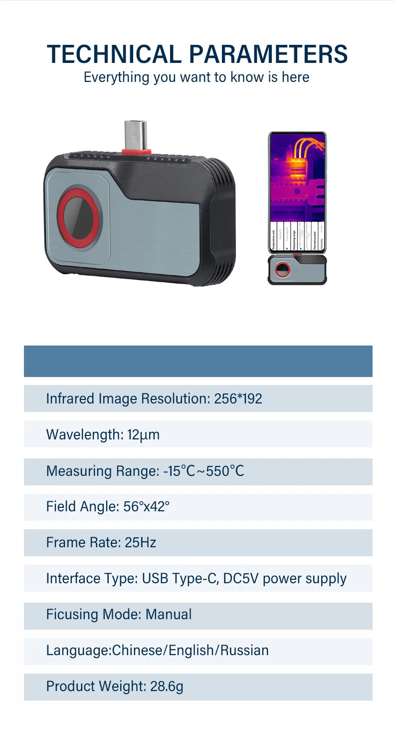 256*192 Pixels Thermal Camera -20°C~550°C Android Type C Mobile Phone Infrared Thermal Imager For Electrical Repair