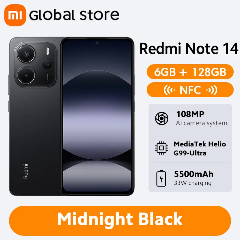 New Global Version Xiaomi Redmi Note 14 Smartphone 128GB / 256GB ROM MediaTek Helio G99-Ultra 33W120Hz AMOLED 108MP 5500mAh