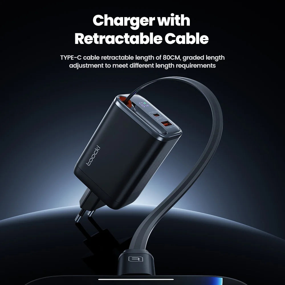 Toocki 67W GaN USB C Charger With Retractable Type C Cable Digital Dsiplay Fast Charger for iPhone 16 15 Samsung S23 S22 Laptop