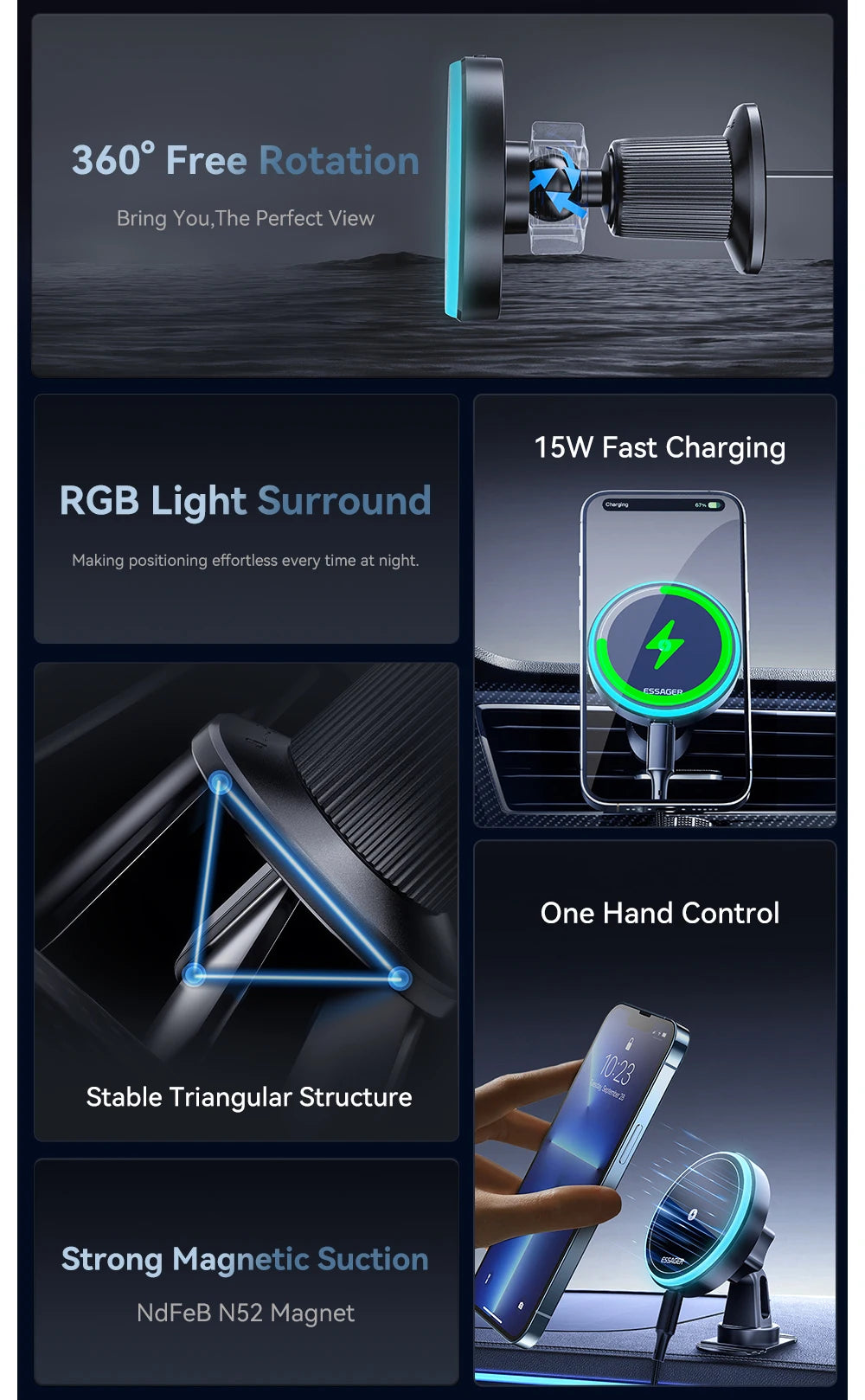 Essager Magnetic Car Phone Holder 15W Wireless Charger Stand For iPhone 15 14 13 Pro Max Car Mount Charger for Magsafe LED Light