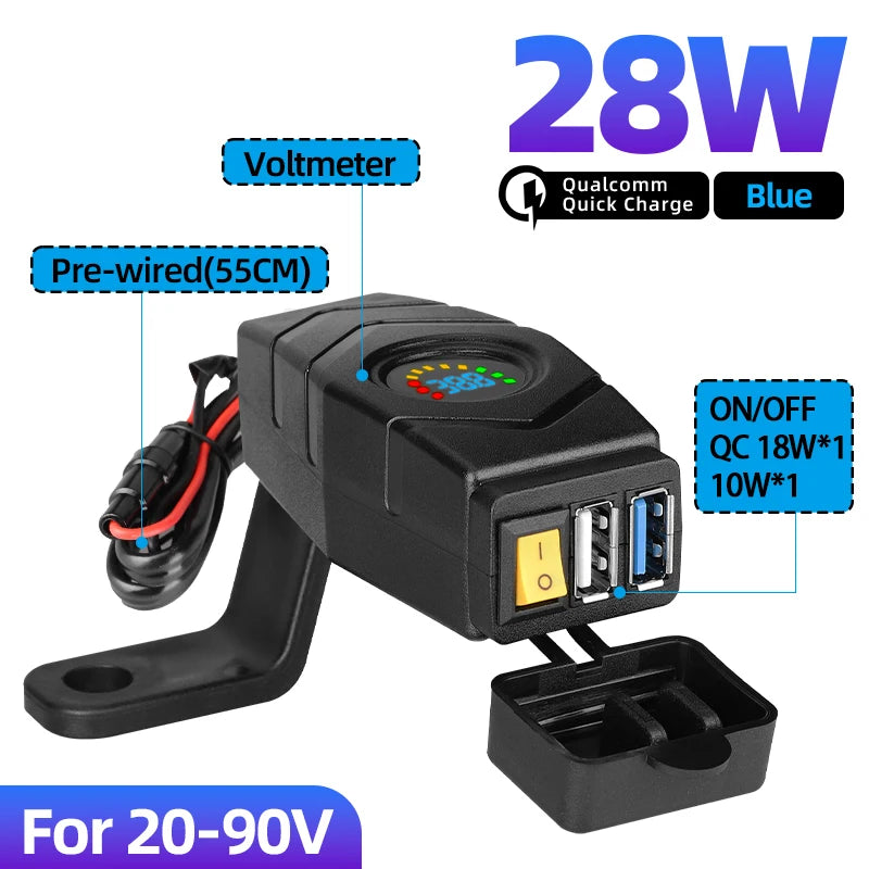 28W QC3.0 Quick Charge Usb Charger Waterproof E-Bike 20V-90V Electric Bike Motorcycles Scooter 36V 48V 72V Voltmeter Switch