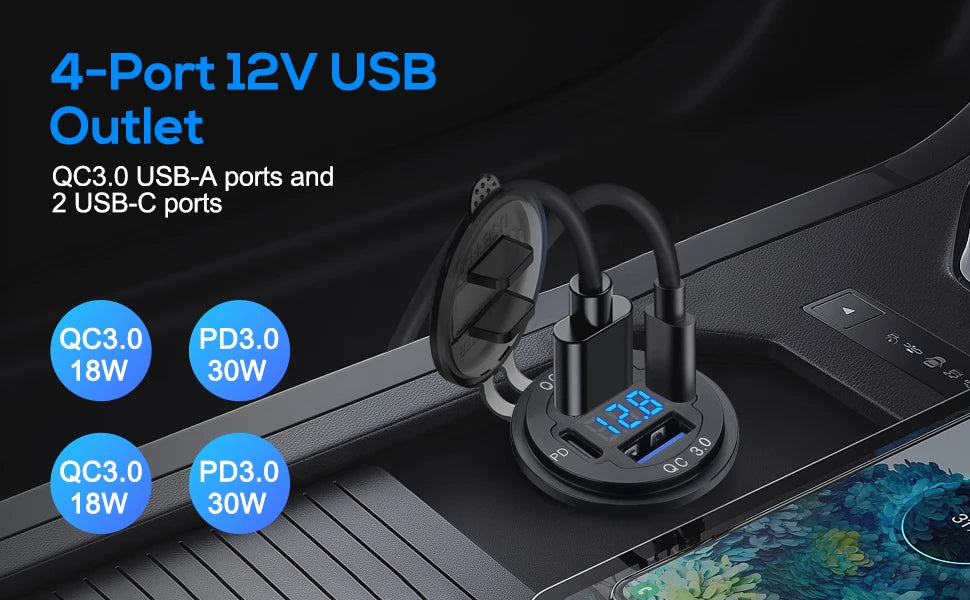 NEW 96W Dual PD Dual QC 3.0 USB Car Charger with Voltmeter Socket Power Outlet Adapter Waterproof for 12V/24V Car Boat Hot Sale