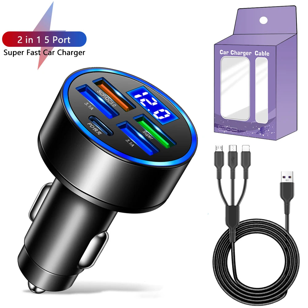 250W PD USB Car Charger Fast Charging Type C USB Phone Adapter in Car For iPhone 13 Pro Xiaomi Huawei Samsung Car Quick Charger