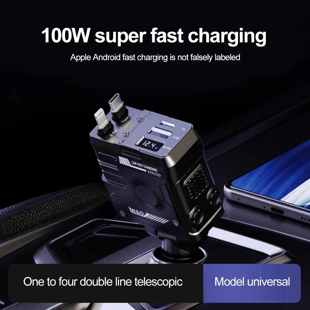 Retractable Car Charger, 66W 4-in-1 Super Fast Charging Car Phone Charger with Retractable Cable 2 USB Port Adapter for iPhone