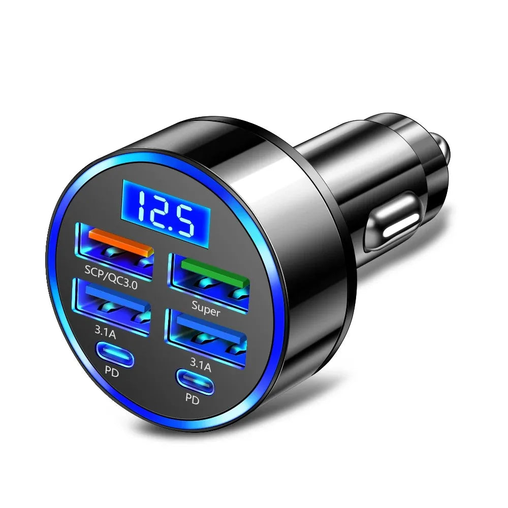 100W 6 Ports Car Charger Fast Charging USB Type C Car Lighter PD QC3.0 Car Phone Charger For iPhone Samsung Huawei Xiaomi