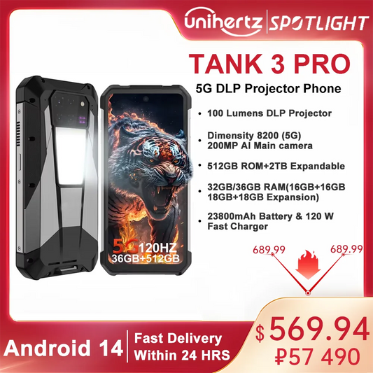 Unihertz Tank 3 Pro 8849 Rugged 5G Smartphone Android with 100 Lumens Projector 32GB 512GB 23800mAh 6.79" FHD Waterproof Phone