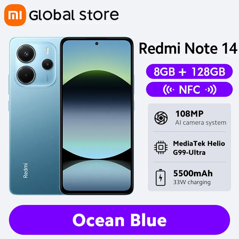 New Global Version Xiaomi Redmi Note 14 Smartphone 128GB / 256GB ROM MediaTek Helio G99-Ultra 33W120Hz AMOLED 108MP 5500mAh