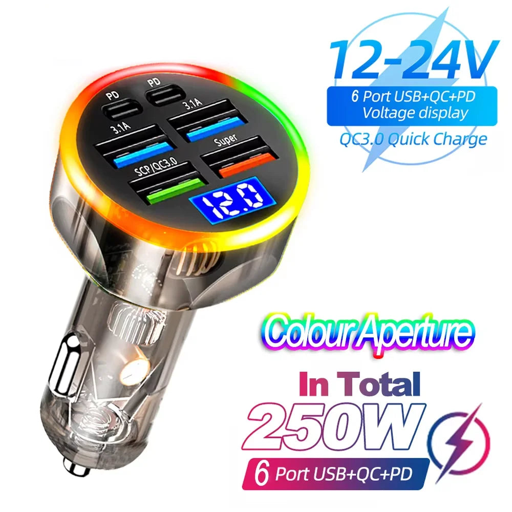 250W PD Car Charger QC3.0 Fast Charge 6-in-1 Car Cigarette Lighter Plug 5 Port Car Charger Flash Charge with Digital Display