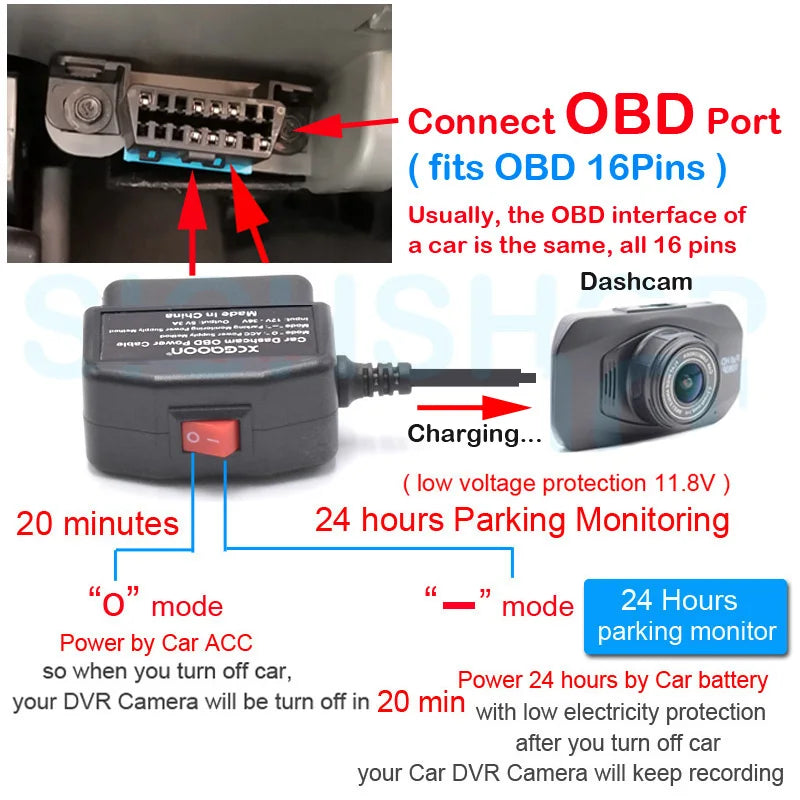 24Hours Mini Mico USB Ports 5V 3A Car Charge Cable OBD Hardwire Cord 3.5Meters With Switch For Dash Cam Camcorder Vehicle DVR