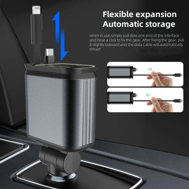 Retractable Car Charger 4 in 1 Fast Charging Car Charger 120W 1PD+1USB Ports Car Charger Adapter Compatible With Starry Sky Lamp