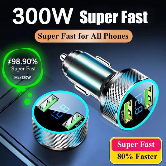 300W USB Car Charger Adapter 2 in 1 Super Fast Charging with Voltage Monitor for Samsung OPPO VIVO Huawei Oneplus iPhone iPad