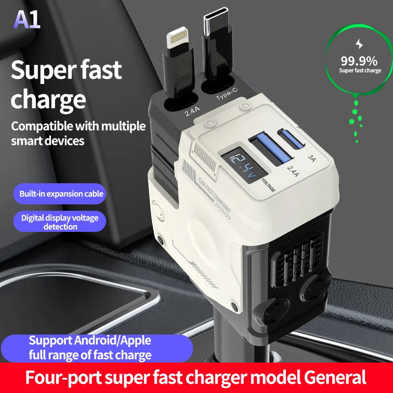 120W Car Charger, 4-in-1 Retractable Cigarette Lighter Adapter with USB Type C Fast Charging Cable for iPhone & Android Devices