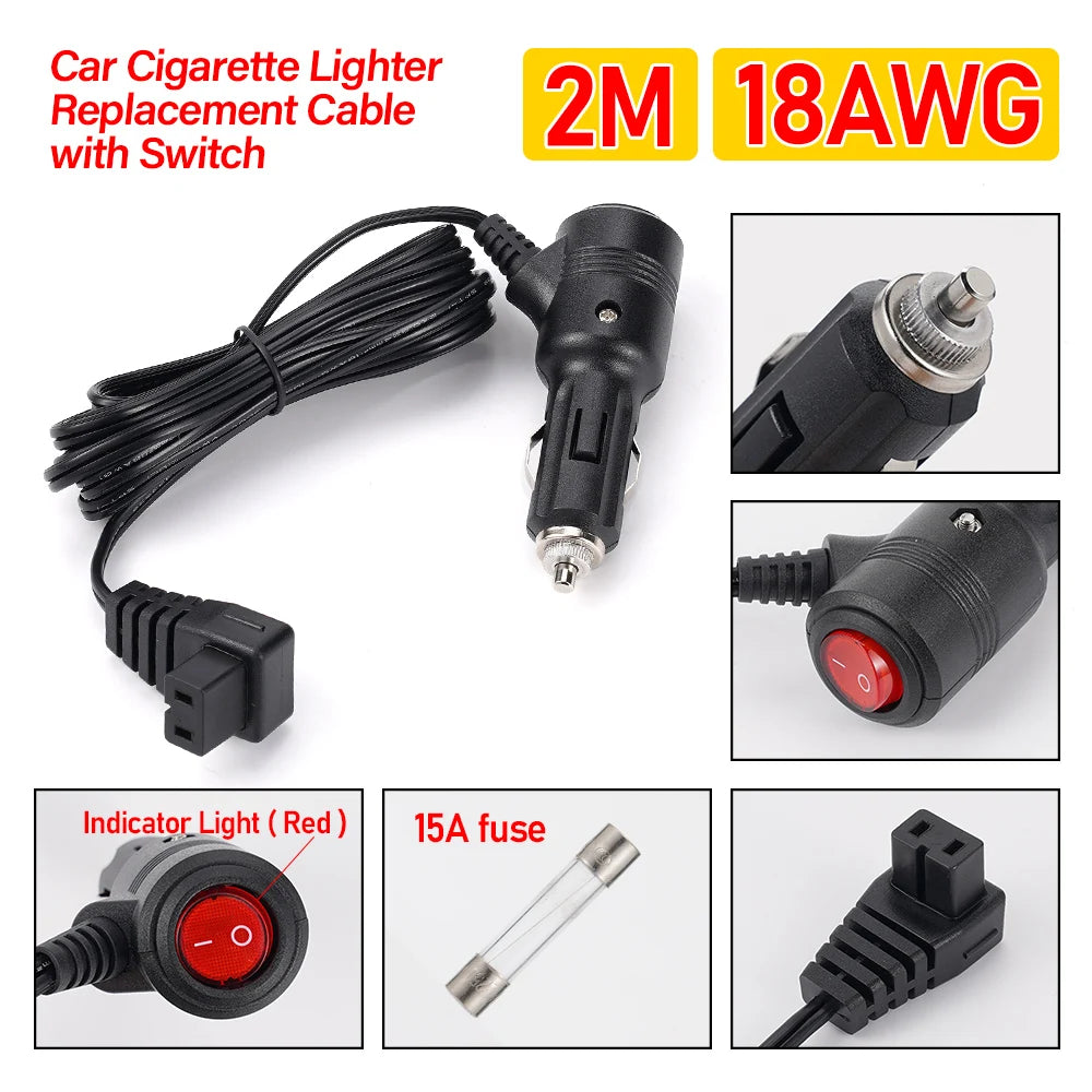 12V/24V 2M 18AWG Car Refrigerator Power Cord Fridge Freezer Extension Cable For Car Cigarette Lighter Adapter Fridge Heater