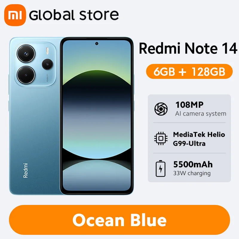 New Global Version Xiaomi Redmi Note 14 Smartphone 128GB / 256GB ROM MediaTek Helio G99-Ultra 33W120Hz AMOLED 108MP 5500mAh