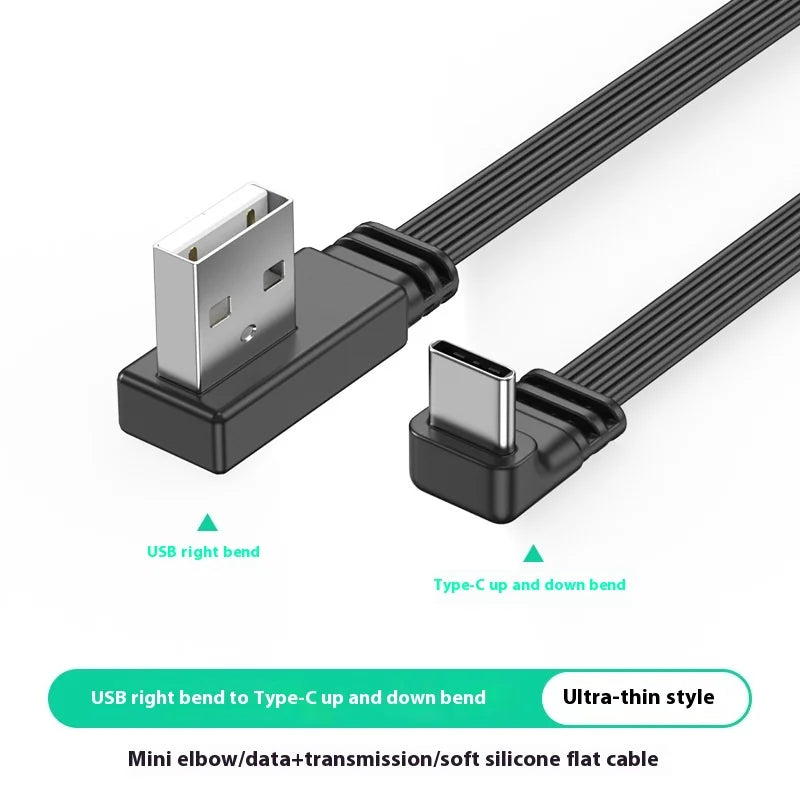 USB to TypeC data cable with left and right bend wires 2.0 transmission, 2A power supply, TypeC flat silicone cable