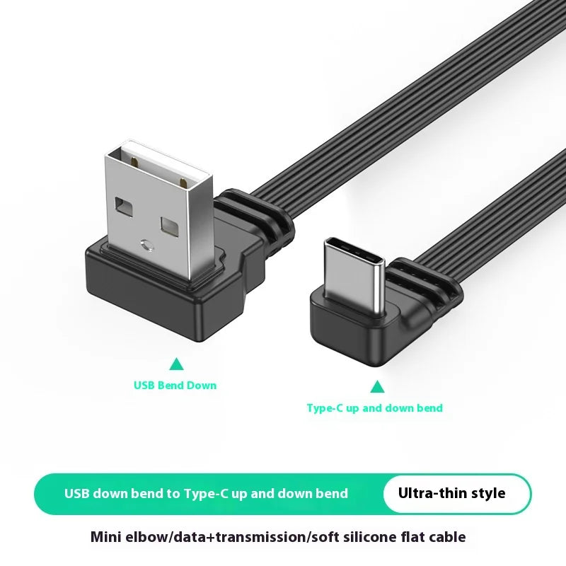 USB to TypeC data cable with left and right bend wires 2.0 transmission, 2A power supply, TypeC flat silicone cable