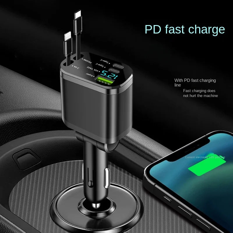 Car charger, car charger with retractable cable, car PD, car fast charging, super fast charging, flash charging, five in one cig