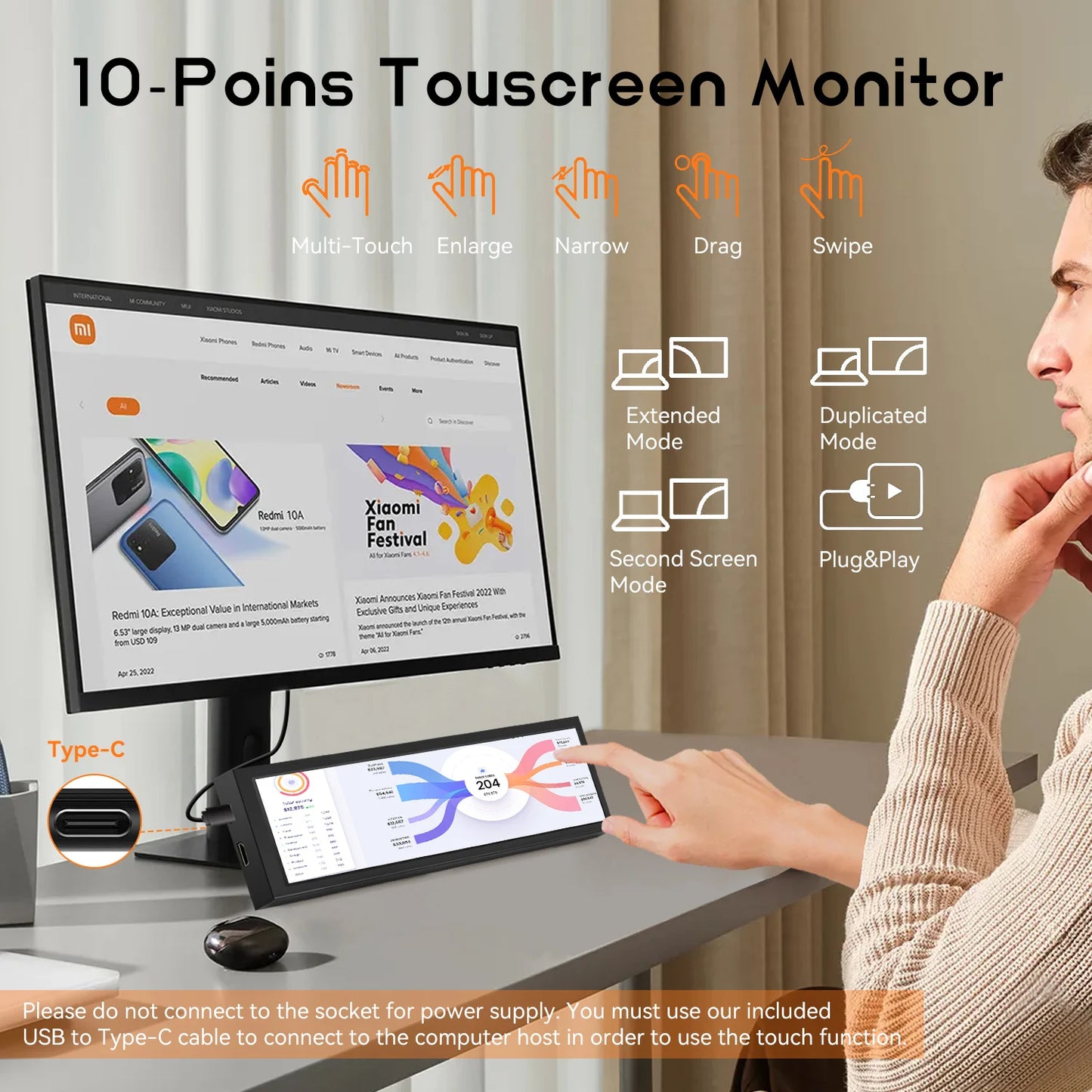 8.8 inch HDMI Touch Long Wide Monitor With Case PC Temperature Display PC Sensor Panel Display Small Extender Monitor