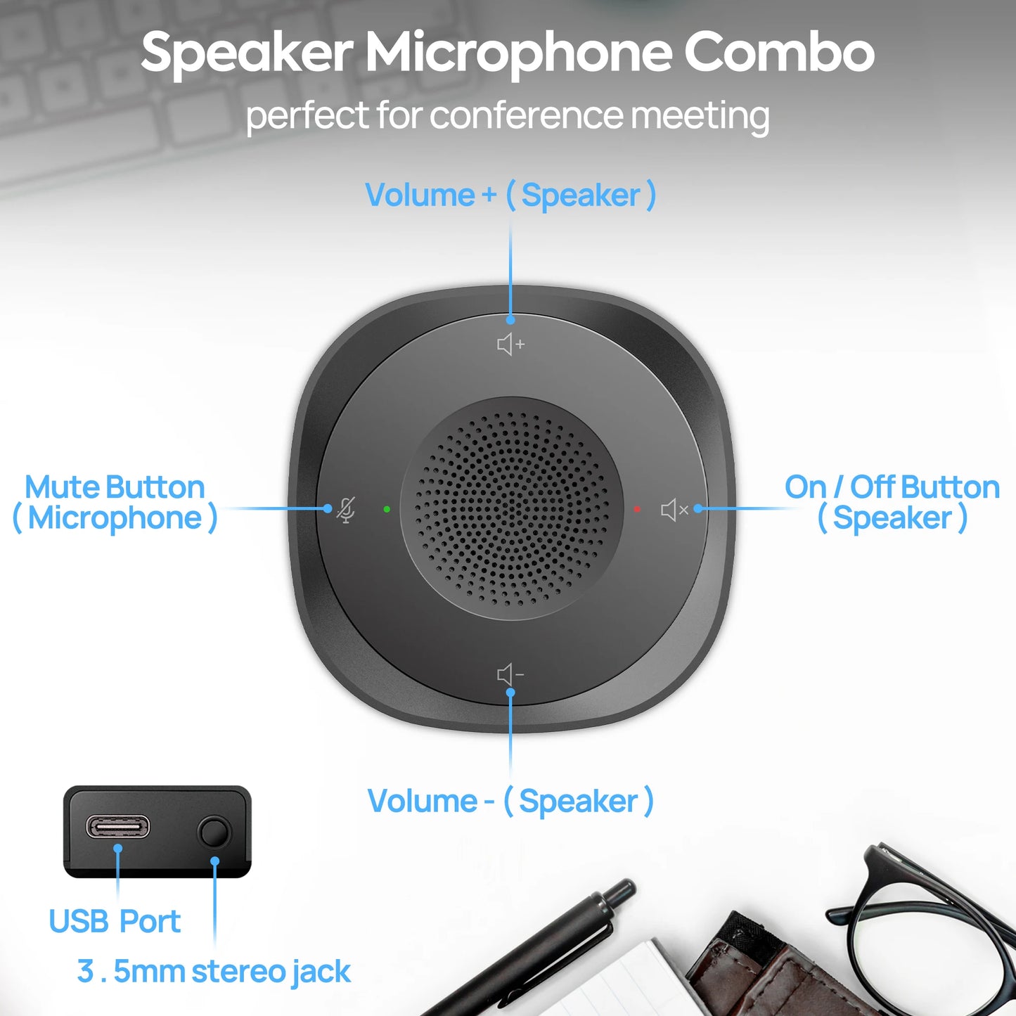 USB Conference Speaker, Microphone with Speakers, Omnidirection Zoom Mic Speakerphone with LED Indicator, Volume & Mute Control