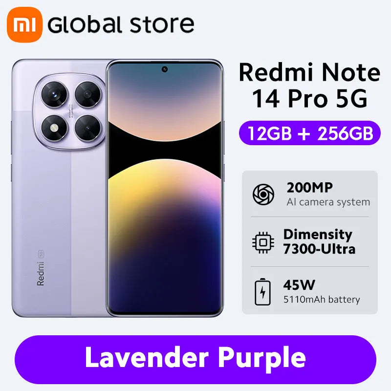 Global Version Xiaomi Redmi Note 14 Pro 5G 256GB / 512GB ROM MediaTek Dimensity 7300-Ultra 200MP Camera 5110mAh 6.67" AMOLED 45W