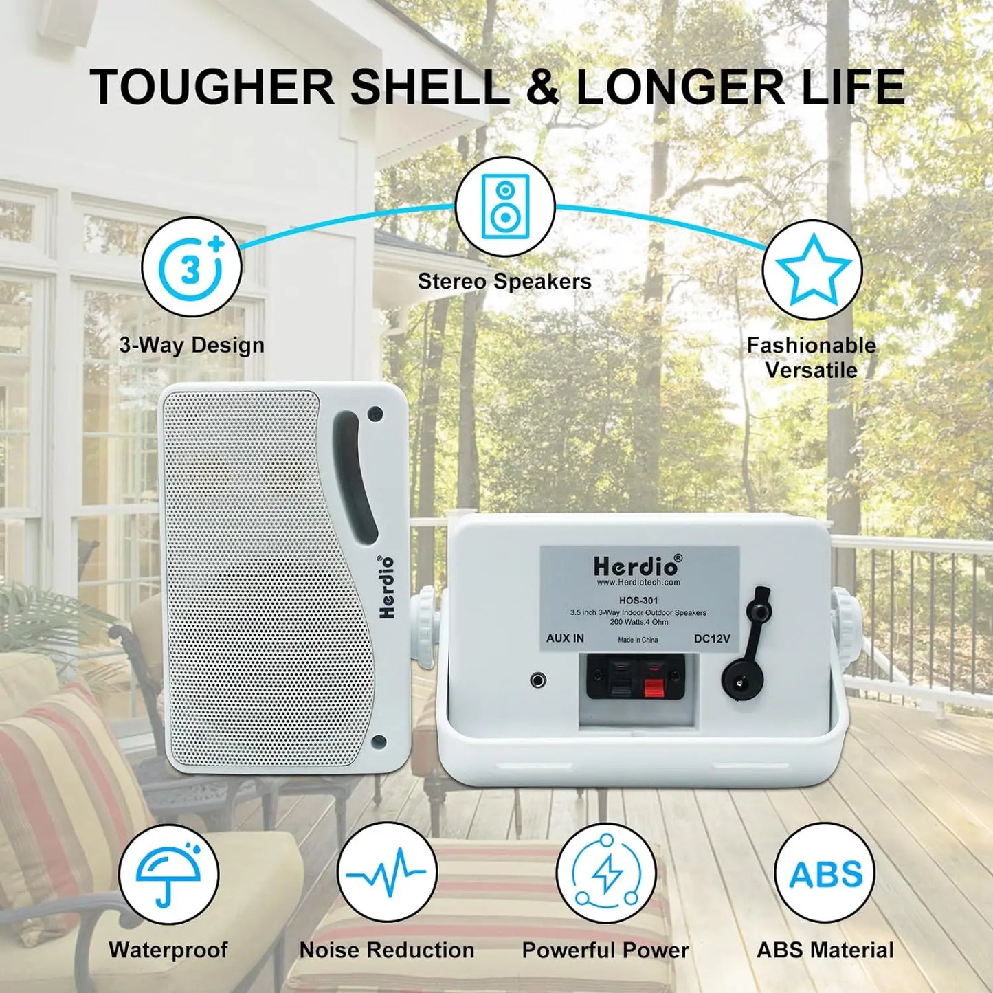 Herdio 3.5" Outdoor Bluetooth Speakers Waterproof 200W 3 Way Upgrade Premium Wall Mount Speakers For Patio Indoor Deck Garage