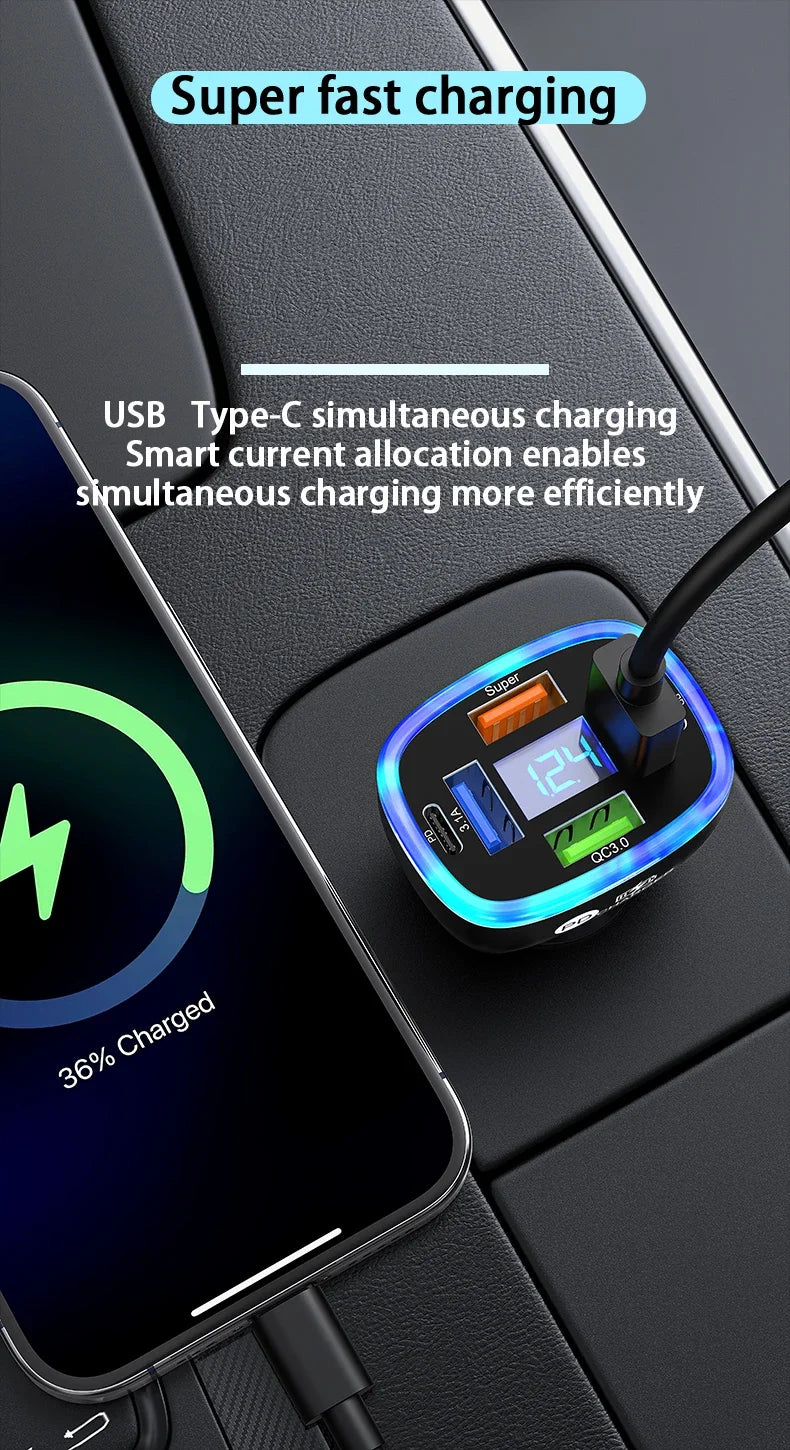 UYUXIO 6 in 1 USB C Car Phone Charger Adapter Multi Port Super Fast with Voltage Display for iPhone 16 15 Pro Max 14 13 Samsung