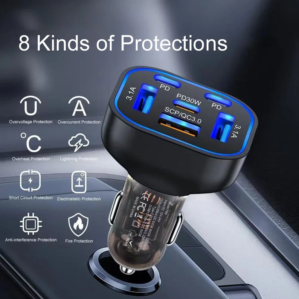 UYUXIO 6 in 1 USB C Car Charger Adapter PD 30W Multi Ports Super Fast Charge for iPhone 16 15 14 Pro Max iPad Samsung Phone