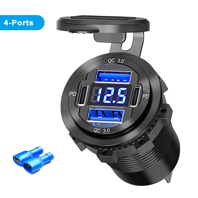 NEW 96W Dual PD Dual QC 3.0 USB Car Charger with Voltmeter Socket Power Outlet Adapter Waterproof for 12V/24V Car Boat Hot Sale