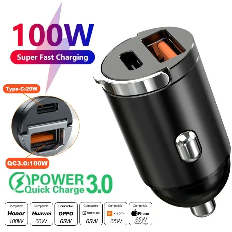 Car 200W Dual Port Mini USB Charger Ultra Fast Charging Cigarette Lighter Socket 12-24V Aluminum Cell Phone Charging Adapter