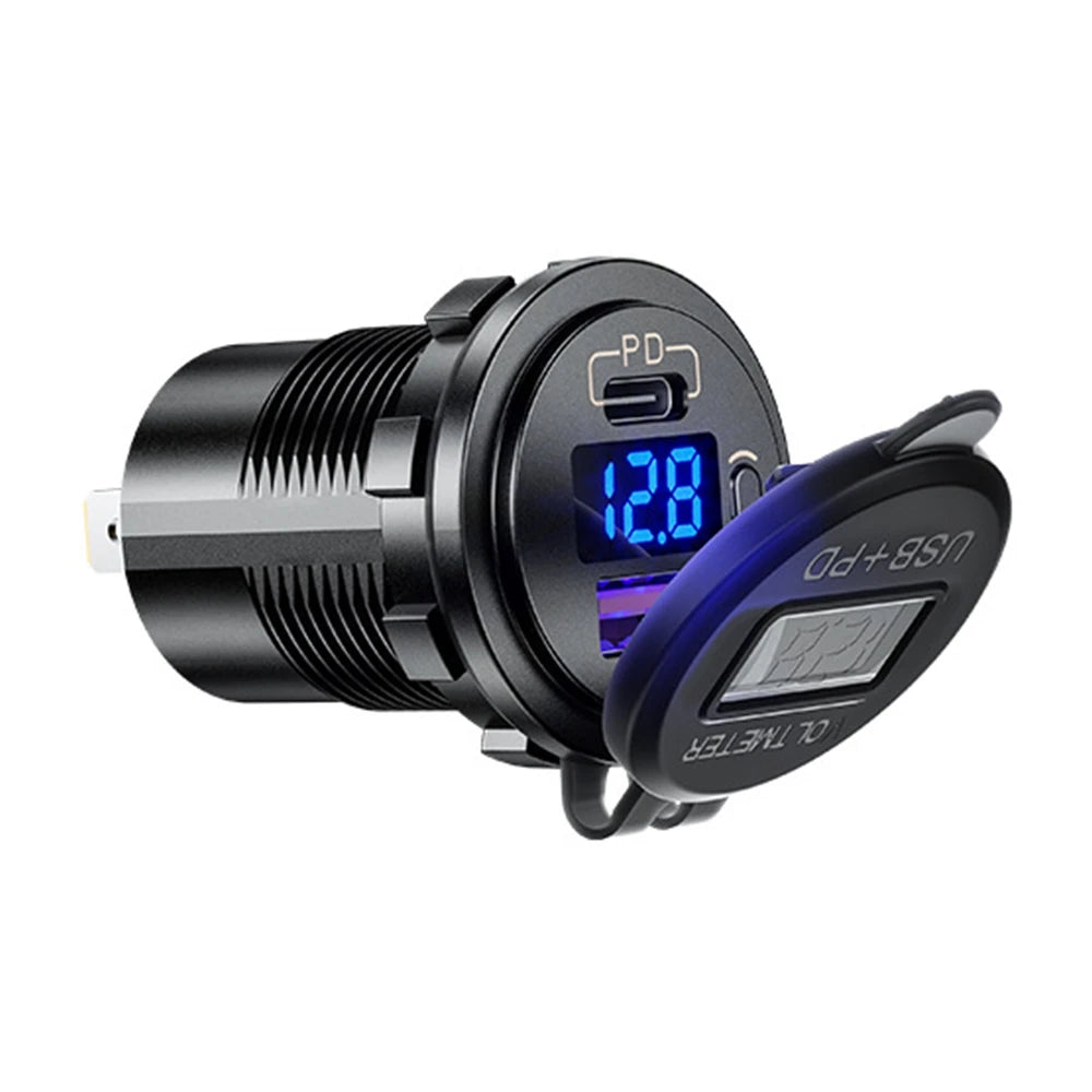 60W PD Type C/QC 3.0 USB Charger with button Switch LED Voltmeter Power Outlet Fast Charging for 12V 24V Car Truck Motorcycle RV