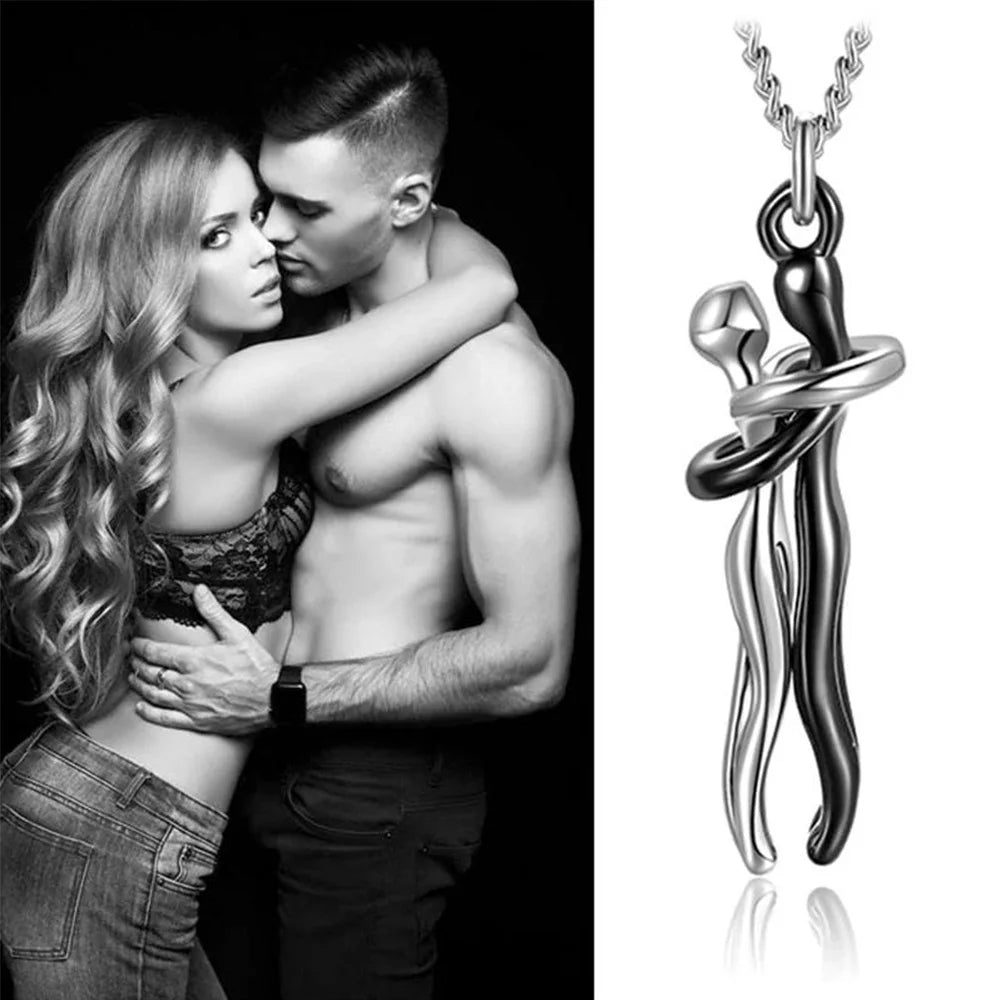 Chic Black Hug Pendant Necklace for Couples - Elegant Love Symbol,Perfect for Party & Daily Wear