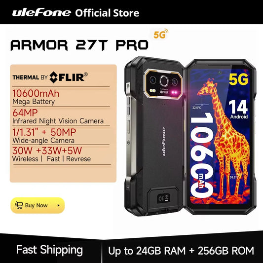 Ulefone Armor 27T Pro 5G THERMAL BY FLIR® Rugged Phone 10600mAh Android 14 Smartphone 64MP 6.78" 24GB+256GB NFC Mobile Phone