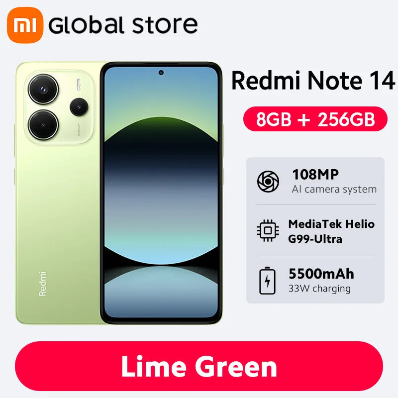 New Global Version Xiaomi Redmi Note 14 Smartphone 128GB / 256GB ROM MediaTek Helio G99-Ultra 33W120Hz AMOLED 108MP 5500mAh